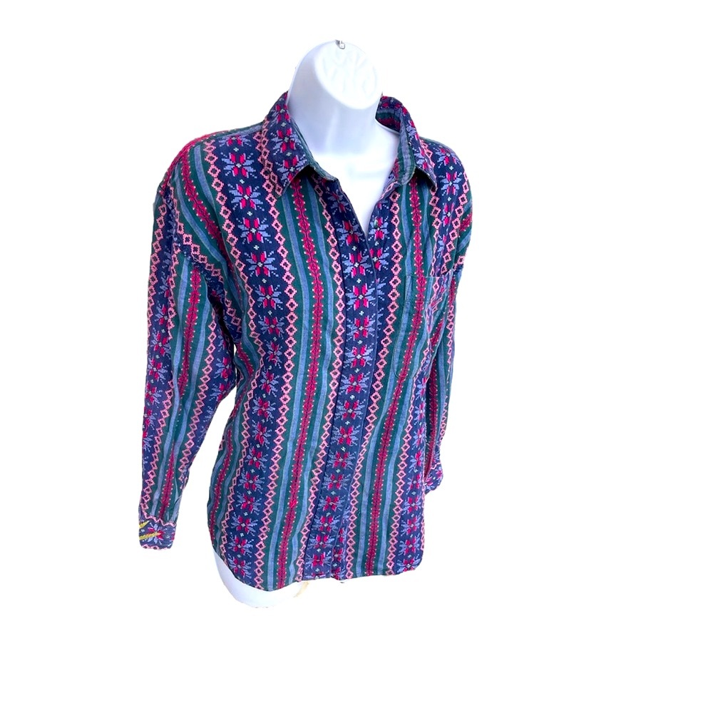 Krazy Kat Vintage Woven Patterned Shirt. Large Boho Chic Retro